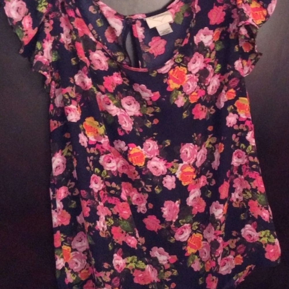 Floral Women's Top - Pink and Orange Blossoms on Navy